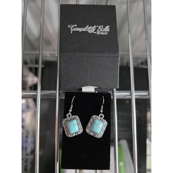 Completely Bella Jewelry - Completely Bella Turquoise Color Stone Dangle Earrings Square Silver Tone Boxed